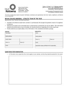 2014 CIVIC & COMMUNITY Awards Nomination Active Living & Culture 1800 Parkinson Way Kelowna, BC V1Y 4P9