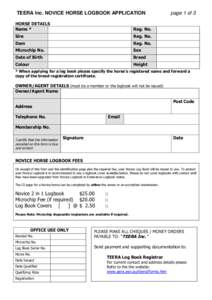 TEERA Inc. NOVICE HORSE LOGBOOK APPLICATION HORSE DETAILS Name * Reg. No.