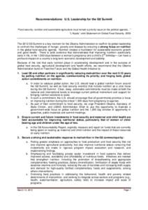 Recommendations: U.S. Leadership for the G8 Summit  “Food security, nutrition and sustainable agriculture must remain a priority issue on the political agenda…” “L’Aquila” Joint Statement on Global Food Secur