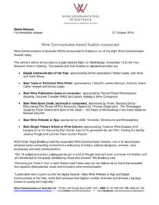 Media Release For immediate release 27 October[removed]Wine Communicator Award finalists announced