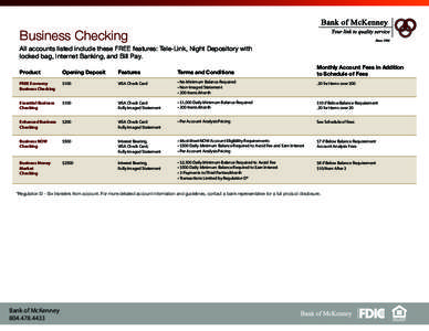 Business Checking  All accounts listed include these FREE features: Tele-Link, Night Depository with locked bag, Internet Banking, and Bill Pay. Monthly Account Fees in Addition to Schedule of Fees