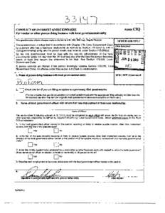 FORMCIQ  CONFLICT OF INTEREST QUESTIONNAIRE For vendor or other person doing business with local governmental entity Thta questionnaire refklds changes made to the law by H.B[removed]80th lag., Regular $e$$lon.