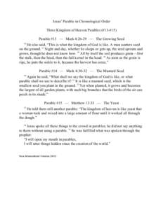 Jesus’ Parable in Chronological Order Three Kingdom of Heaven Parables (#13-#15) Parable #13 — Mark 4:26-29 — The Growing Seed 26  He also said, “This is what the kingdom of God is like. A man scatters seed