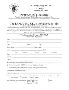 The Lancaster County MG Club Founded 1983 P.O. Box 7721 Lancaster, PA 17604