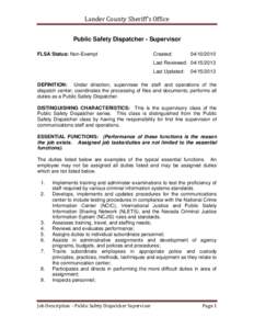 Lander County Sheriff’s Office  Public Safety Dispatcher - Supervisor FLSA Status: Non-Exempt  Created: