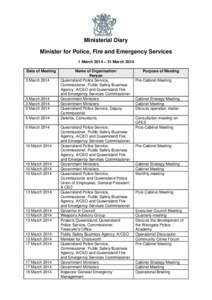 Ministerial Diary Minister for Police, Fire and Emergency Services 1 March 2014 – 31 March 2014 Date of Meeting 3 March 2014