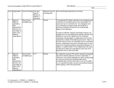 Submitted by: ______________________________________ Date: ______________ Comment template for draft FIPS 201 and SP[removed]Cmt # Organization Point of Contact Comment Type (GGeneral, EEditorial, TTechnical)