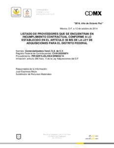 CONSEJERÍA JURÍDICA Y DE SERVICIOS LEGALES “2014, Año de Octavio Paz” México, D.F. a 13 de octubre de 2014