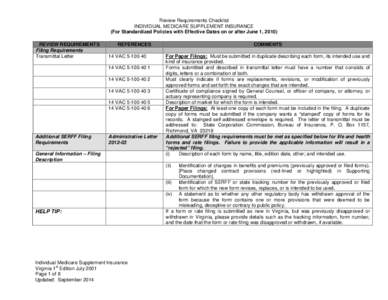 Review Requirements Checklist INDIVIDUAL MEDICARE SUPPLEMENT INSURANCE (For Standardized Policies with Effective Dates on or after June 1, 2010) REVIEW REQUIREMENTS Filing Requirements Transmittal Letter