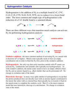 Hydrogenation Catalysis Hydrogenation is the addition of H2 to a multiple bond (C=C, CC, C=O, C=N, CN, N=O, N=N, NN, etc) to reduce it to a lower bond