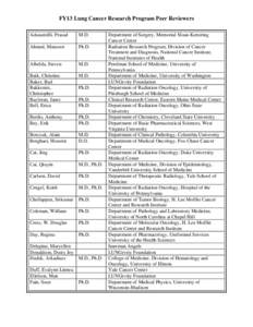 FY13 Lung Cancer Research Program Peer Reviewers Adusumilli, Prasad M.D.  Ahmed, Mansoor