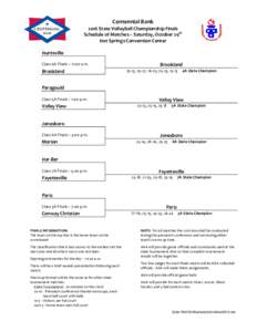 Centennial Bank  2016 State Volleyball Championship Finals  Schedule of Matches – Saturday, October 29th      Hot Springs Convention Center   	  