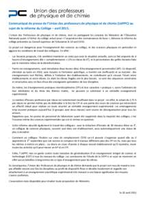 Communiqué de presse de l’Union des professeurs de physique et de chimie (UdPPC) au sujet de la réforme du Collège – avrilL’Union des Professeurs de physique et de chimie, tout en partageant les constats 