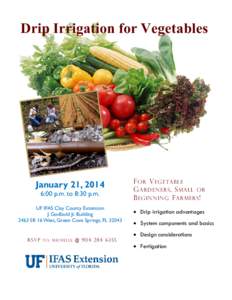 Drip Irrigation for Vegetables  January 21, 2014 6:00 p.m. to 8:30 p.m. UF IFAS Clay County Extension J. Godbold Jr. Building
