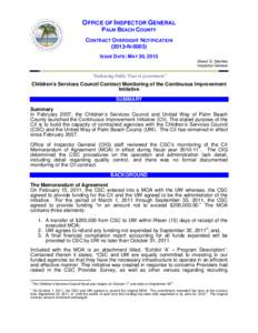 OFFICE OF INSPECTOR GENERAL PALM BEACH COUNTY CONTRACT OVERSIGHT NOTIFICATIONNISSUE DATE: MAY 30, 2013 Sheryl G. Steckler