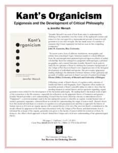 Kant’s Organicism  Epigenesis and the Development of Critical Philosophy By Jennifer  Mensch