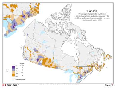 Canada Percentage change in the number of private households containing couples with children under age 25 at home, 2001 to 2006 by Census Division (CD)