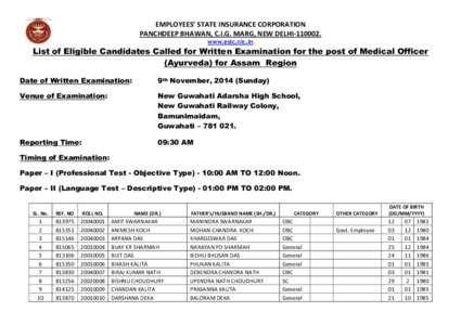 EMPLOYEES’ STATE INSURANCE CORPORATION PANCHDEEP BHAWAN, C.I.G. MARG, NEW DELHI[removed]www.esic.nic.in List of Eligible Candidates Called for Written Examination for the post of Medical Officer (Ayurveda) for Assam Re