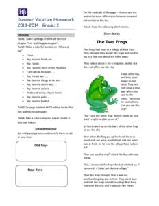 Summer Vacation Homework[removed]Grade: I ENGLISH: Task1: Learn spellings of difficult words of chapter “Ant and the grasshopper”. Task2: Make a colorful booklet on “All about