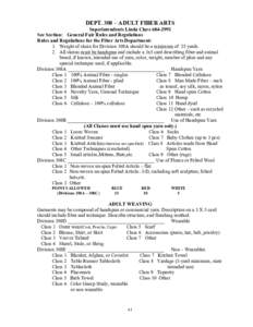 DEPT. 308 – ADULT FIBER ARTS Superintendents Linda Clare[removed]See Section: General Fair Rules and Regulations Rules and Regulations for the Fiber Arts Department: 1. Weight of skein for Division 308A should be a mi