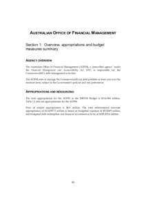 AUSTRALIAN OFFICE OF FINANCIAL MANAGEMENT Section 1: Overview, appropriations and budget measures summary AGENCY OVERVIEW The Australian Office of Financial Management (AOFM), a ‘prescribed agency’ under the Financia