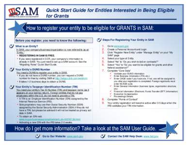 Quick Start Guide for Entities Interested in Being Eligible for Grants How to register your entity to be eligible for GRANTS in SAM: Before you register, you need to know the following: