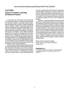 American Journal of Pharmaceutical Education 2014; [removed]Article 86. it comes to conquering the real life issues of vetting ideas, eliciting support, acquiring the necessary resources for