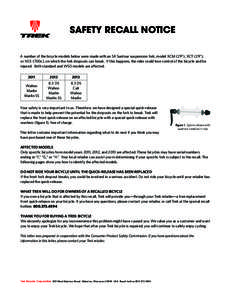 SAFETY RECALL NOTICE A number of the bicycle models below were made with an SR Suntour suspension fork, model XCM (29”), XCT (29”), or NEX (700c), on which the fork dropouts can break. If this happens, the rider coul