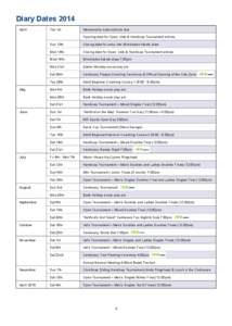 Diary Dates 2014 April Tue 1st  Membership subscriptions due