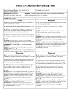 Visual	
  Arts	
  Standards	
  Planning	
  Form	
   	
   Curriculum	
  facilitator:	
  Matt	
  AuchMoedy,	
  	
  	
  	
  	
  	
  	
   Grade	
  level:	
  Multiple	
   Jocelyn	
  Lippincott	
  Reiss	
 