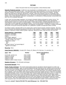 128  POTASH (Data in thousand metric tons of K2O equivalent, unless otherwise noted) Domestic Production and Use: In 2002, the value of production of marketable potash, f.o.b. mine, was about $280 million; sales decrease