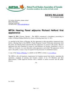 News release - MFDA Hearing Panel adjourns Richard Hefford first appearance
