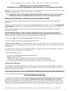 Greenlee County Health Department 253 Fifth Street PO Box 936 Clifton, AZ[removed]2601  fax: ([removed]GREENLEE COUNTY HEALTH DEPARTMENT TEMPORARY FOOD ESTABLISHMENT REQUIREMENTS AND INFORMATION SHEET