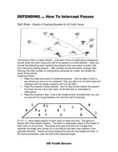 DEFENDING … How To Intercept Passes Sam Snow – Director of Coaching Education for US Youth Soccer Two teams of four to eight players – one team of four to eight plays possession soccer while the other using only ha