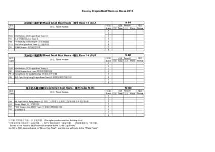 Stanley Dragon Boat Warm-up Races 2013  混合組小龍初賽 Mixed Small Boat Heats - 場次 Race 14 (S) A 編號 Code