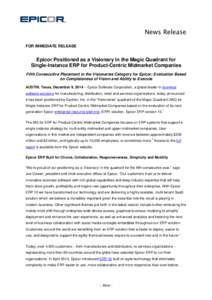 Epicor Positioned as a Visionary in the Magic Quadrant for Single-Instance ERP for Product-Centric Midmarket Companies
