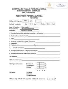 SECRETARIA DE TRABAJO Y SEGURIDAD SOCIAL DIRECCION GENERAL DE EMPLEO EMPLEO POR HORA REGISTRO DE PERSONA JURIDICA FICHA EPH-1