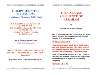 !  SHALOM SCRIPTURE STUDIES, INC.  THE CALL AND