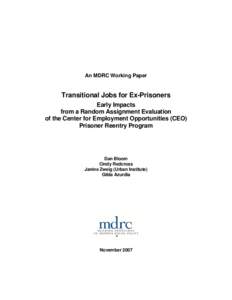 Transitional Jobs for Ex-Prisoners: Early Impacts from a Random Assignment Evaluation of the Center for Employment Opportunities (CEO)  Prisoner Reentry Program