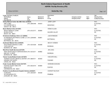 North Dakota Department of Health ASPEN: Facility Directory (FD) Sorted By: City Printed[removed]