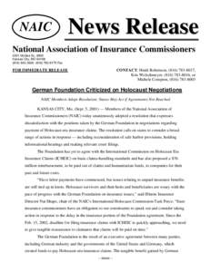 NAIC  News Release National Association of Insurance Commissioners 2301 McGee St., #800
