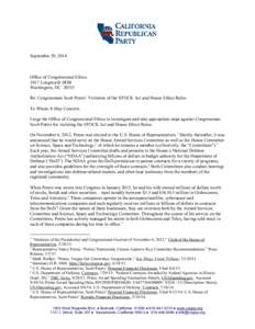 September 29, 2014  Office of Congressional Ethics 1017 Longworth HOB Washington, DC[removed]Re: Congressman Scott  Peters’  Violation  of  the  STOCK  Act  and  House  Ethics Rules