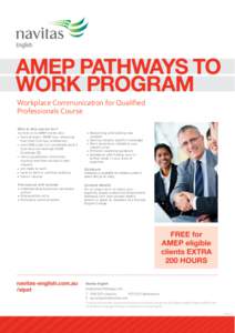 Workplace Communication for Qualified Professionals Course Who is this course for? Current or ex-AMEP clients who:  have at least 1 AMEP hour remaining from their 510 hour entitlement