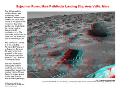 Sojourner Rover, Mars Pathfinder Landing Site, Ares Vallis, Mars This 3-D view of the surface of Mars was obtained by Mars Pathfinder, which landed on Mars on July 4, 1997.