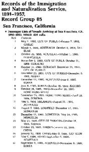 Records of the Immigration and Naturalization Service, [removed], Record Group 85 San Francisco, California * Passenger Lists of Vessels Arriving at San Francisco, CA,