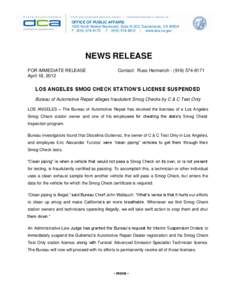 OFFICE OF PUBLIC AFFAIRS 1625 North Market Boulevard, Suite N-323, Sacramento, CA[removed]P[removed]F[removed] | www.dca.ca.gov NEWS RELEASE FOR IMMEDIATE RELEASE