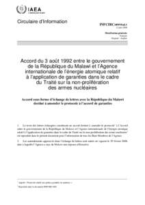 INFCIRC/409/Mod.1 - Agreement of 3 August 1992 between the Government of the Republic of Malawi and the International Atomic Energy Agency for the Application of Safeguards in Connection with the Treaty on the Non-Prolif