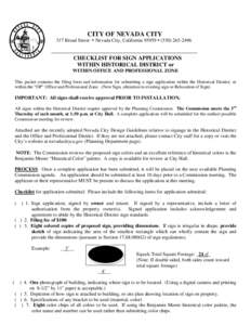 CITY OF NEVADA CITY 317 Broad Street  Nevada City, California 95959  ([removed]CHECKLIST FOR SIGN APPLICATIONS WITHIN HISTORICAL DISTRICT or WITHIN OFFICE AND PROFESSIONAL ZONE