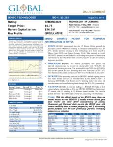 Equity Research  DAILY COMMENT SENSIO TECHNOLOGIES  SIO-V, $0.265