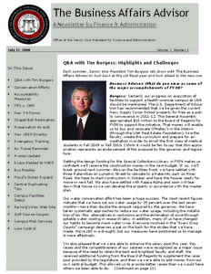 The Business Affairs Advisor A Newsletter by Finance & Administration Office of the Senior Vice President for Finance and Administration July 31, 2008